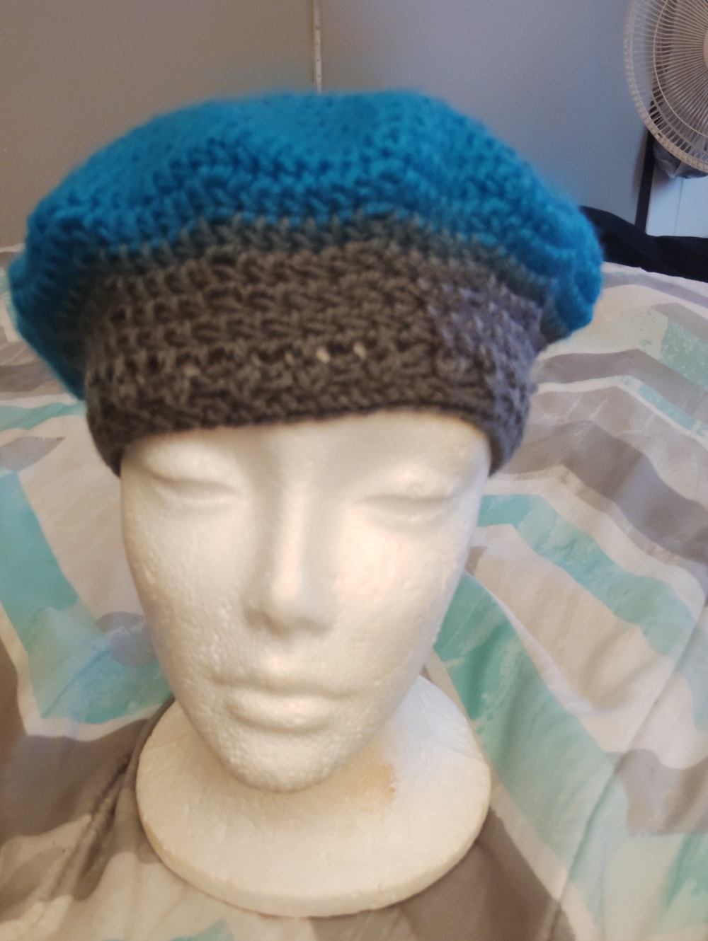 Handmade Teal and Gray Knit Beret - Women's Accessory